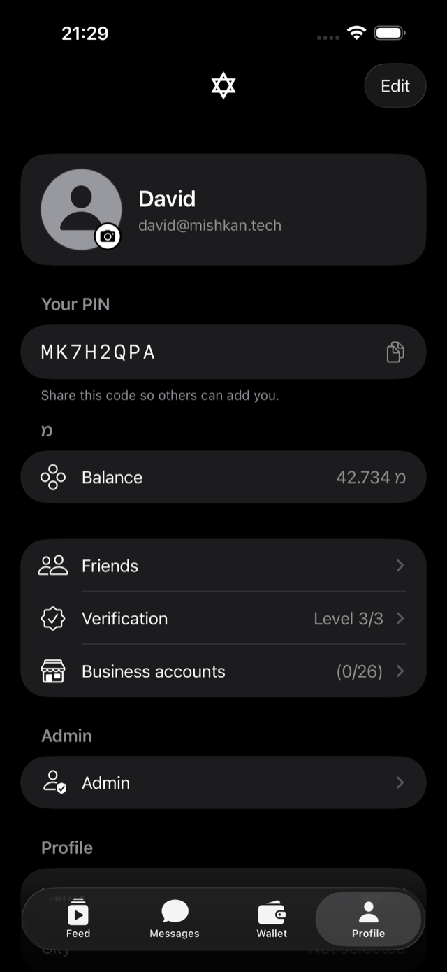 Profile — your PIN, your balance and your verification level
