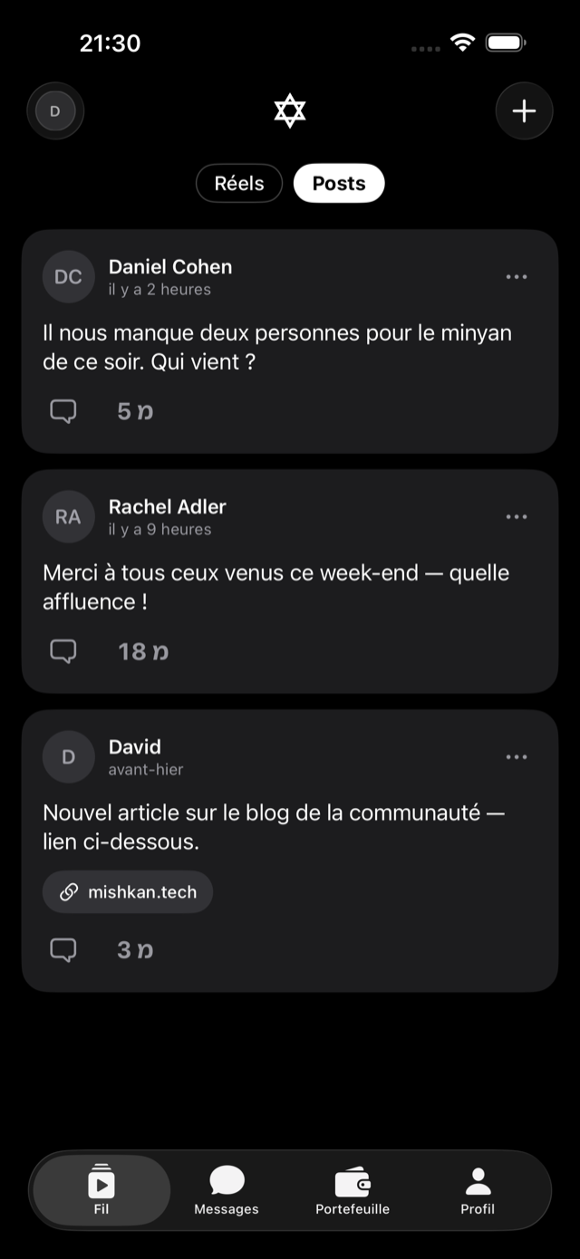 Posts — le fil texte, avec liens et compteurs de מ