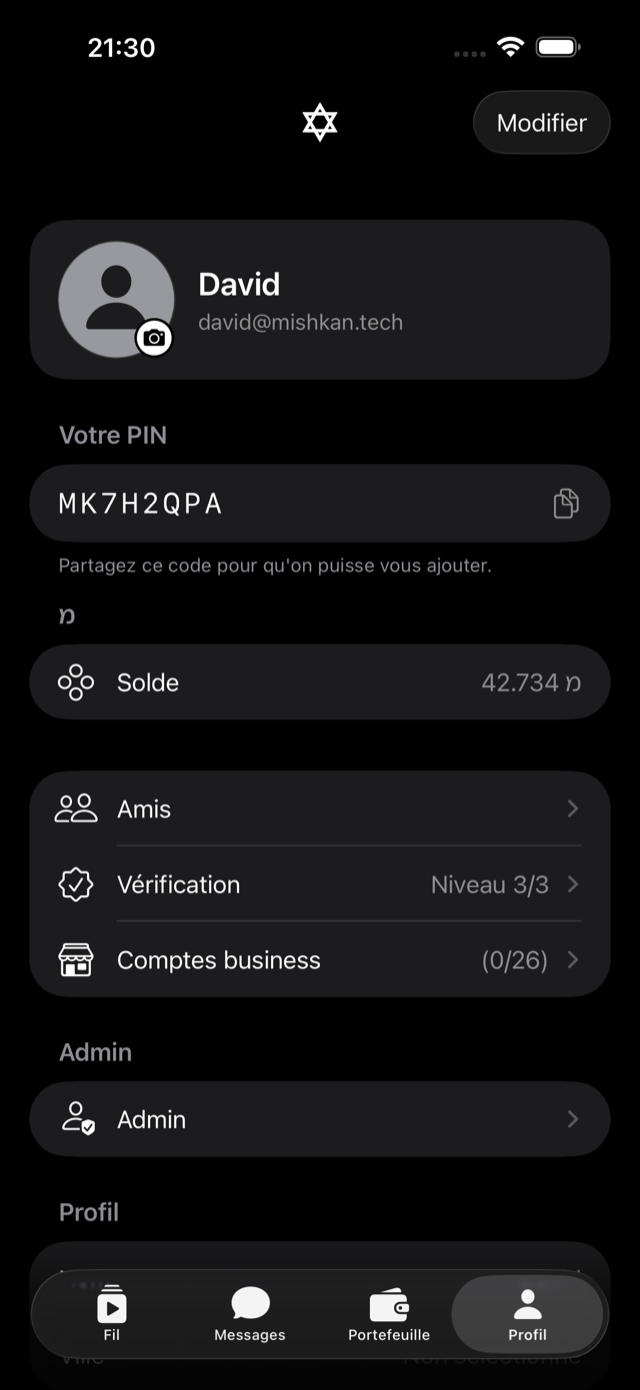 Profil — votre code PIN, votre solde et votre niveau de vérification