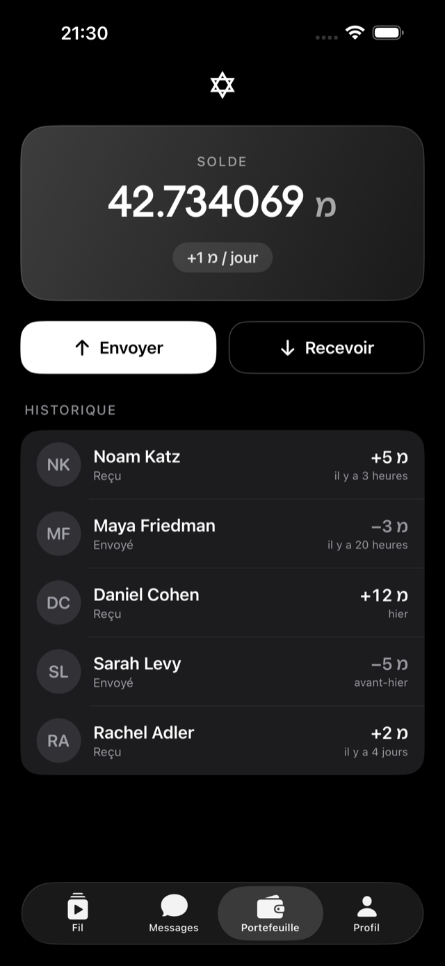 Portefeuille — solde en direct, envoi et réception, historique complet